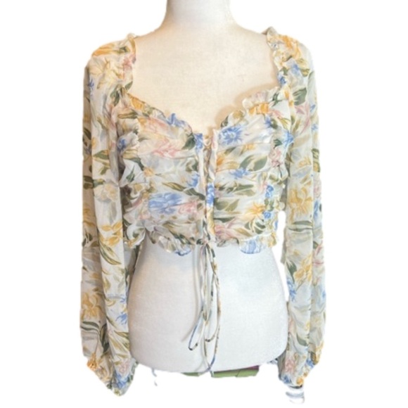 NWT Blue B Floral Smocked Crop Top lace up ballon sleeves pastel colors L large - Picture 1 of 8